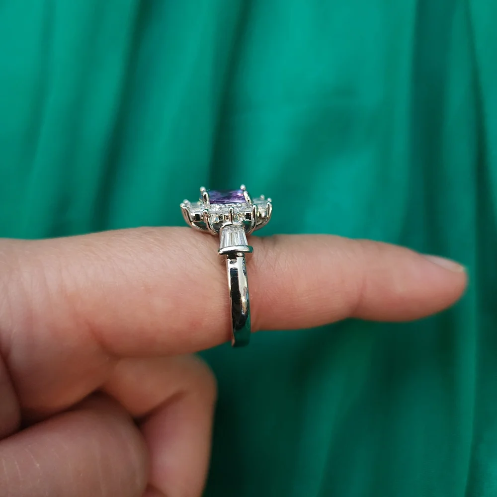 Size 8 Lavender Purple Cubic Zirconia Ring Bling Halo Cushion Cut Silver